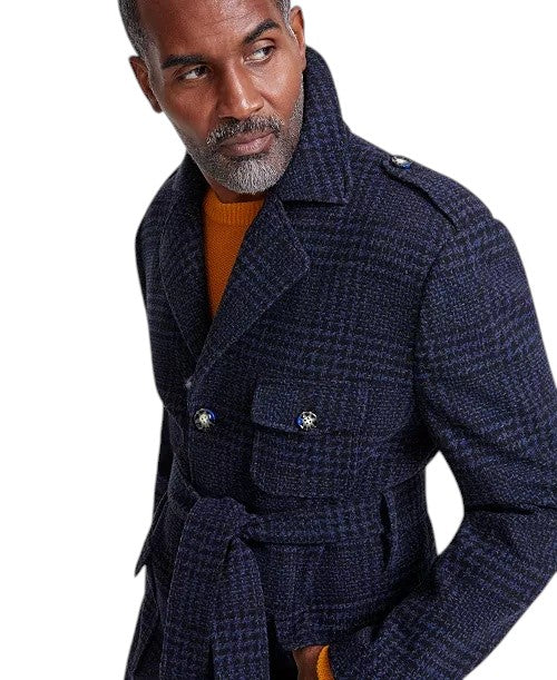 Tayion Collection Men's Classic-Fit Plaid Overcoat Coat 40 R Black Navy Blue