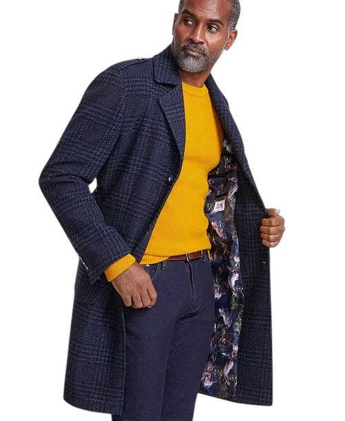 Tayion Collection Men's Classic-Fit Plaid Overcoat Coat 40 R Black Navy Blue