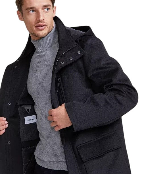 Calvin Klein Men's Regular Fit Wool Hooded Overcoat Coat 36 R Black