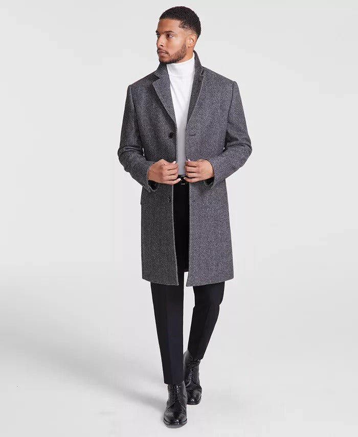 Michael Kors Men's Classic-Fit Wool Overcoat Coat 42S Black White Herringbone