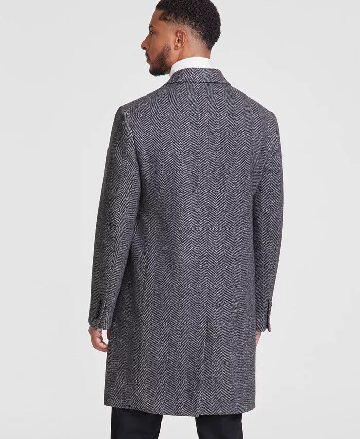 Michael Kors Men's Classic-Fit Wool Overcoat Coat 42S Black White Herringbone