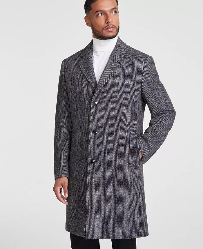 Michael Kors Men's Classic-Fit Wool Overcoat Coat 42S Black White Herringbone