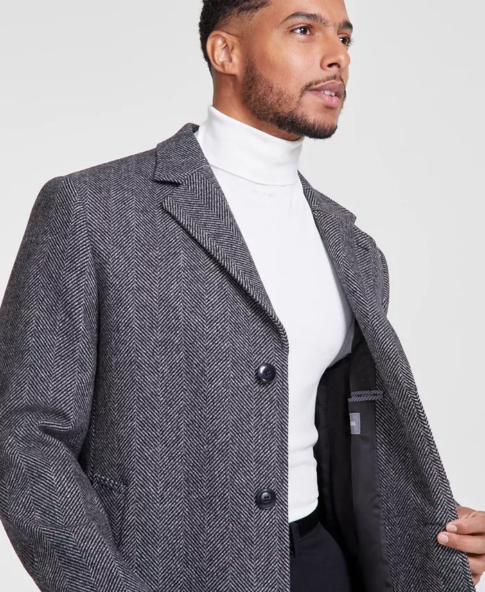 Michael Kors Men's Classic-Fit Wool Overcoat Coat 42S Black White Herringbone