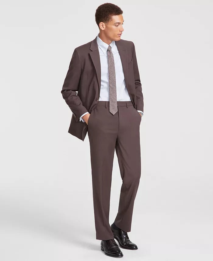 NAUTICA Mens Suit 40S / 34 x 32 Brown Modern-Fit Bi-Stretch Flat Pant