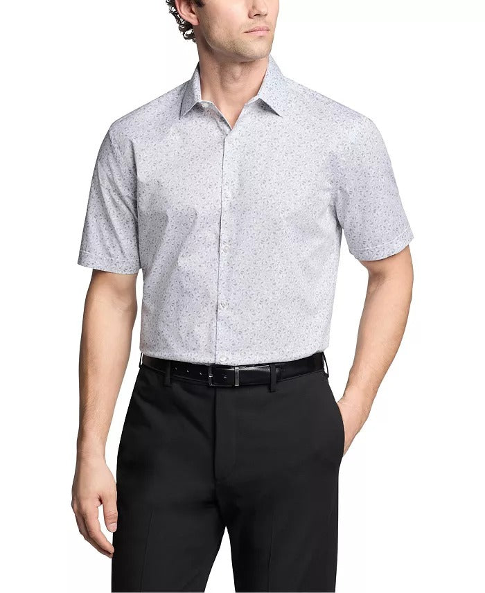 Van Heusen Mens Slim fit Button-Up XS 13-13.5 Short Sleeve Shirt Grey Floral