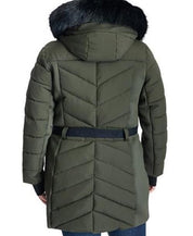 MICHAEL KORS Plus Size Belted Faux-Fur-Trim Hooded Puffer Coat 1X Olive Green