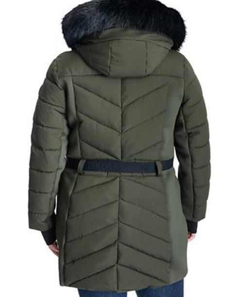 MICHAEL KORS Plus Size Belted Faux-Fur-Trim Hooded Puffer Coat 1X Olive Green