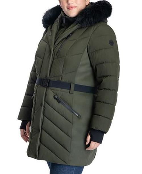 MICHAEL KORS Plus Size Belted Faux-Fur-Trim Hooded Puffer Coat 1X Olive Green