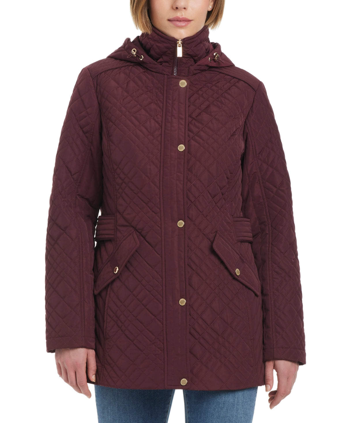 Jones New York Womens Quilted Coat Large Burgundy Red Solid