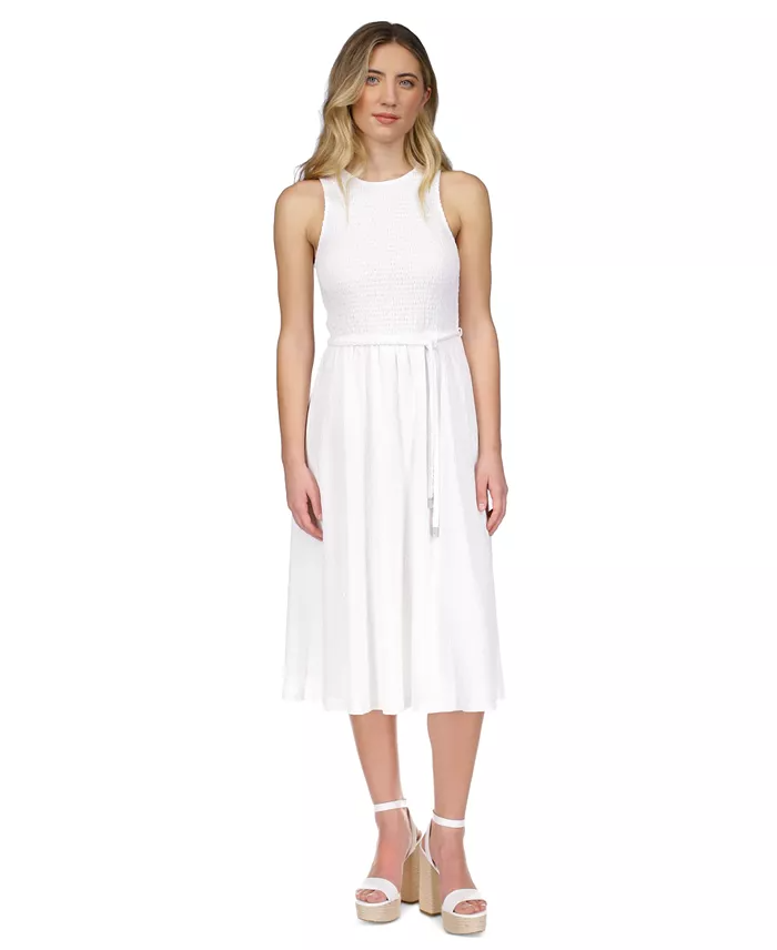 MICHAEL Michael Kors Women's Smocked Textured Sleeveless Midi Dress Medium White