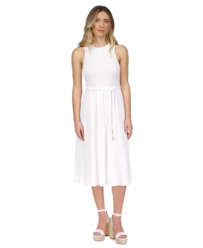 MICHAEL Michael Kors Women's Smocked Textured Sleeveless Midi Dress Small White