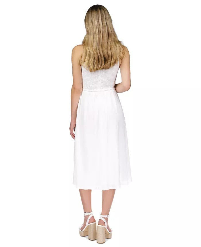 MICHAEL Michael Kors Women's Smocked Textured Sleeveless Midi Dress XXS White