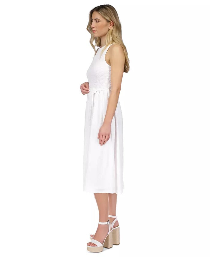 MICHAEL Michael Kors Women's Smocked Textured Sleeveless Midi Dress Medium White
