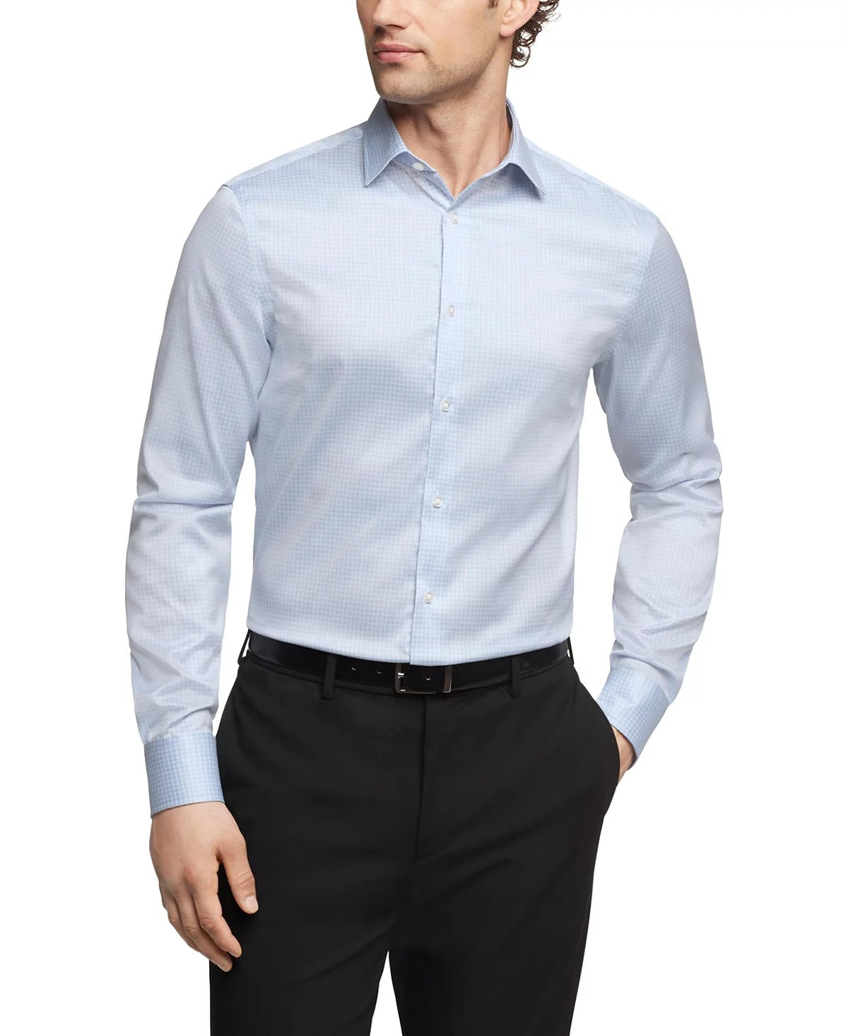 Calvin Klein Mens Slim fit Dress Shirt Large 16 in 34-35 Blue Check Stretch