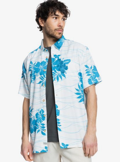 Quiksilver Ocean Floral Button Down Shirt White Blue Large