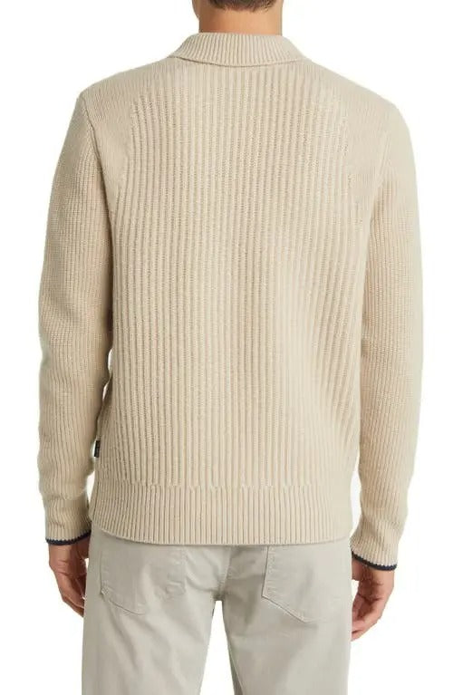 Ted Baker Mens London Ademy Ribbed Wool Polo Sweater Taupe Beige Large