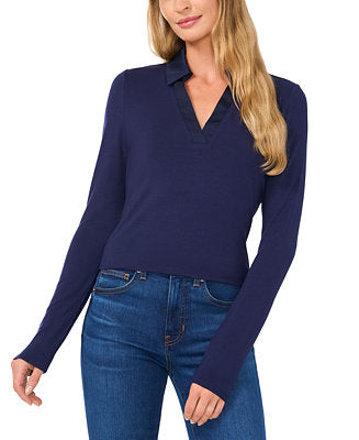 CeCe Womens Regular fit Long Sleeve V Neck Shirt Small Navy Blue Solid