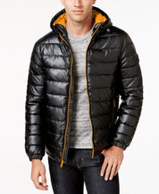 Cole Haan Men's Faux-Leather Puffer Coat Black Orange MEDIUM