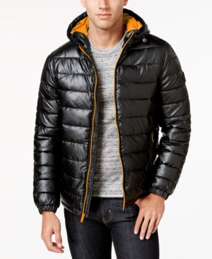 Cole Haan Men's Faux-Leather Puffer Coat Black Orange MEDIUM