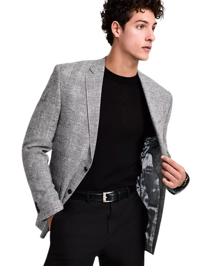 Michael Kors Mens Classic fit Linen Sport Coat Blazer 48 L Black White Plaid