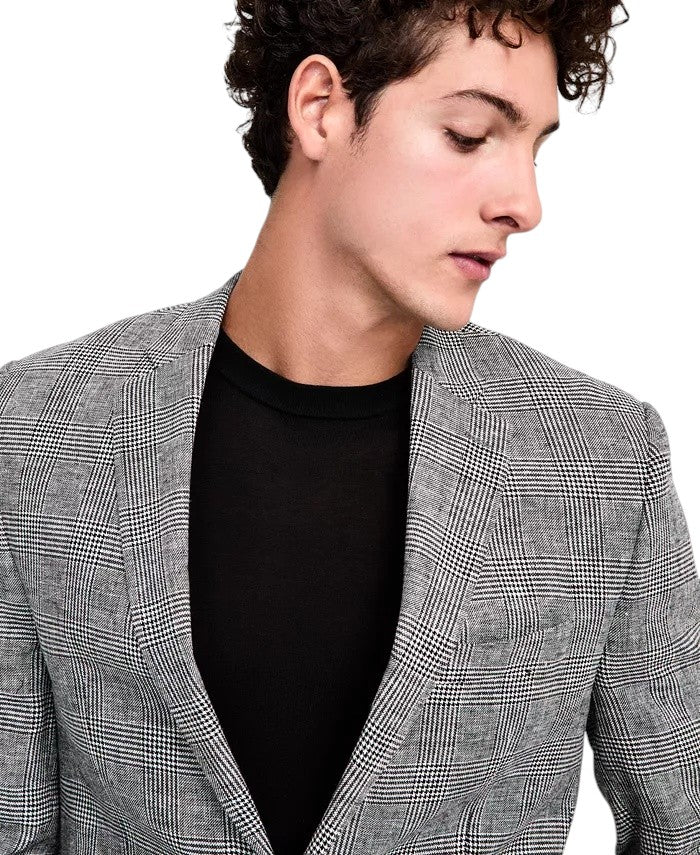 Michael Kors Mens Classic fit Linen Sport Coat Blazer 48 L Black White Plaid