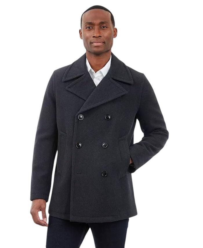 London Fog Men Double-Breasted Wool Blend Peacoat Coat 38S Charcoal Grey
