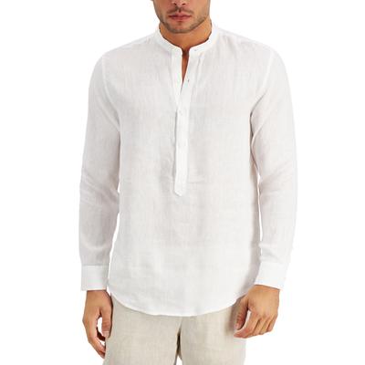 Tasso Elba Mens Banded Collar Long Sleeve Linen Shirt White XL