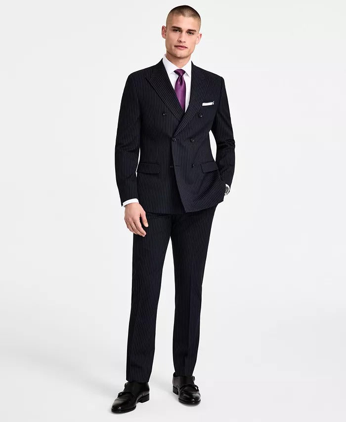 Alfani Mens Slim fit Double Breasted Suit Jacket Blazer 44 R Dark Blue Striped