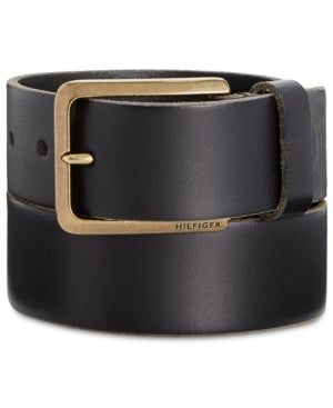 Tommy Hilfiger Men's Heavy Brass Buckle Leather Belt Small 30 32 Black