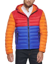 Tommy Hilfiger Men's Quilted Color Blocked Hooded Puffer Jacket Large Multicolor