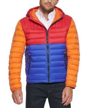 Tommy Hilfiger Men's Quilted Color Blocked Hooded Puffer Jacket Large Multicolor