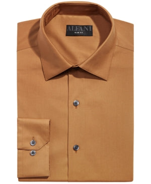 Alfani Mens Slim-Fit Wrinkle-Resistant Chipmunk Brown Shirt 16-16.5 / 32-33