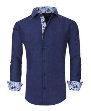 Azaro Uomo Mens Slim fit Dress Shirt Large 16-16.5 Long Sleeve Navy Blue Dot