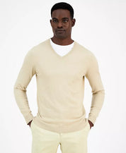 Alfani Men's Solid V Neck Cotton Sweater Twill Heather Beige Small