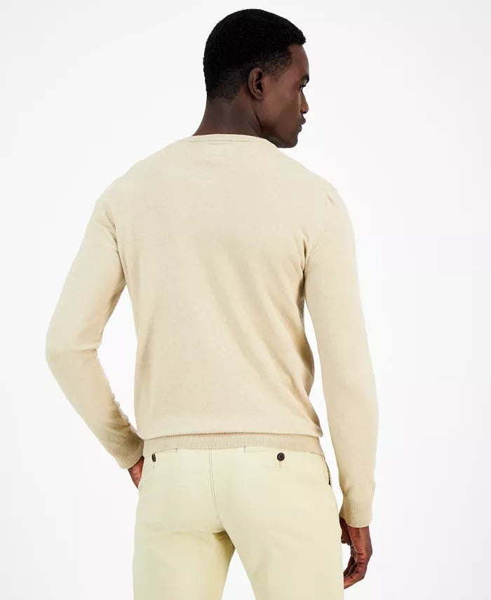 Alfani Mens Solid V Neck Cotton Sweater Twill Heather Beige 3XL