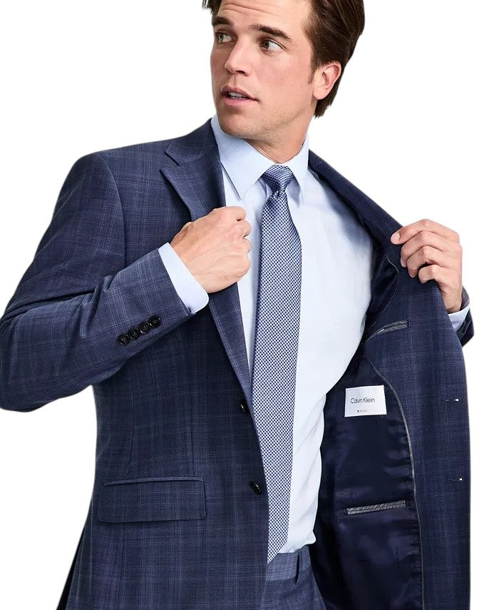 Calvin Klein Mens Slim fit Wool Suit Jacket Blazer 44 L Navy Blue Plaid