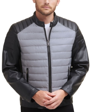 DKNY Men's Classic Fit Motorcross Quilted Jacket Coat Reflective Grey Large