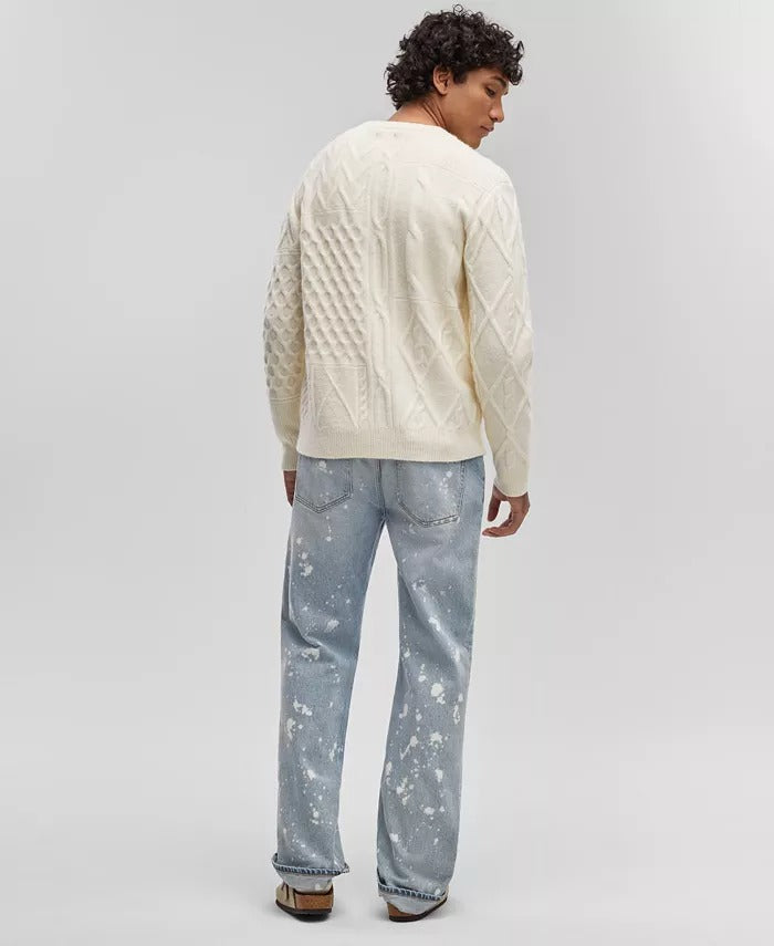 Mode of One Men's Long-Sleeve Cable-Knit Sweater Large Vanilla White