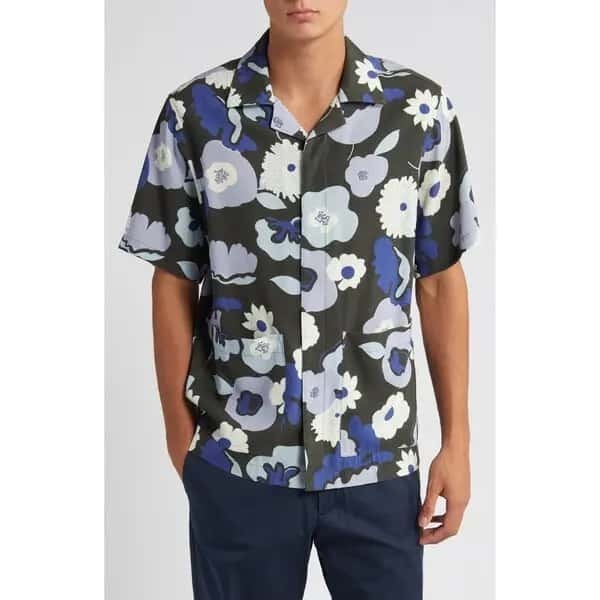 nn07 mens hank 5719 floral print button-up camp shirt XL purple