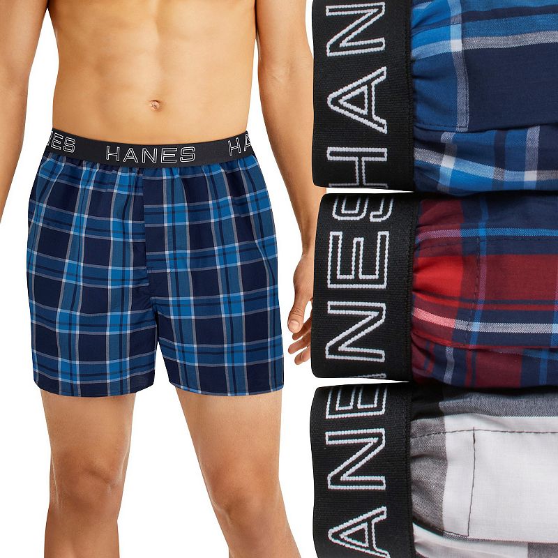 Hanes Men Regular fit 3 Pack Boxer Shorts Underwear Large Blue Plaid Stretch