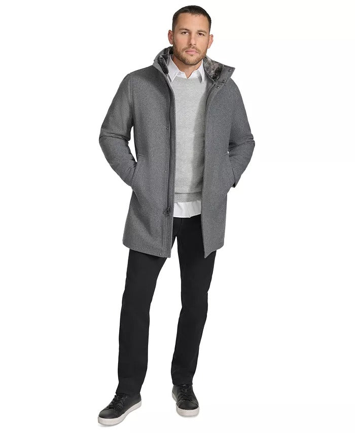 Calvin Klein Men's Walker Coat Jacket Detachable Faux Fur Collar Grey Large