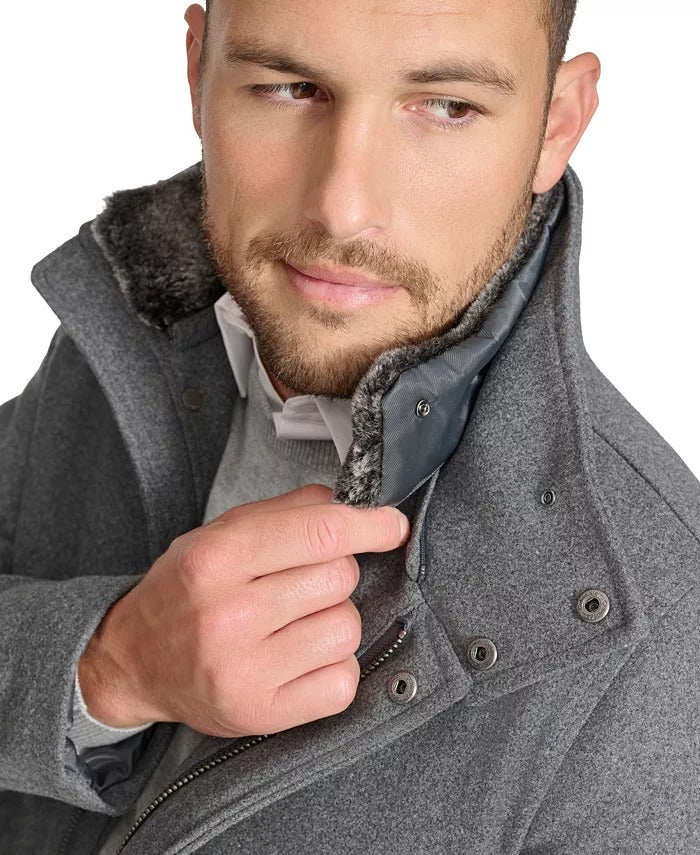 Calvin Klein Men's Walker Coat Jacket Detachable Faux Fur Collar Grey Large