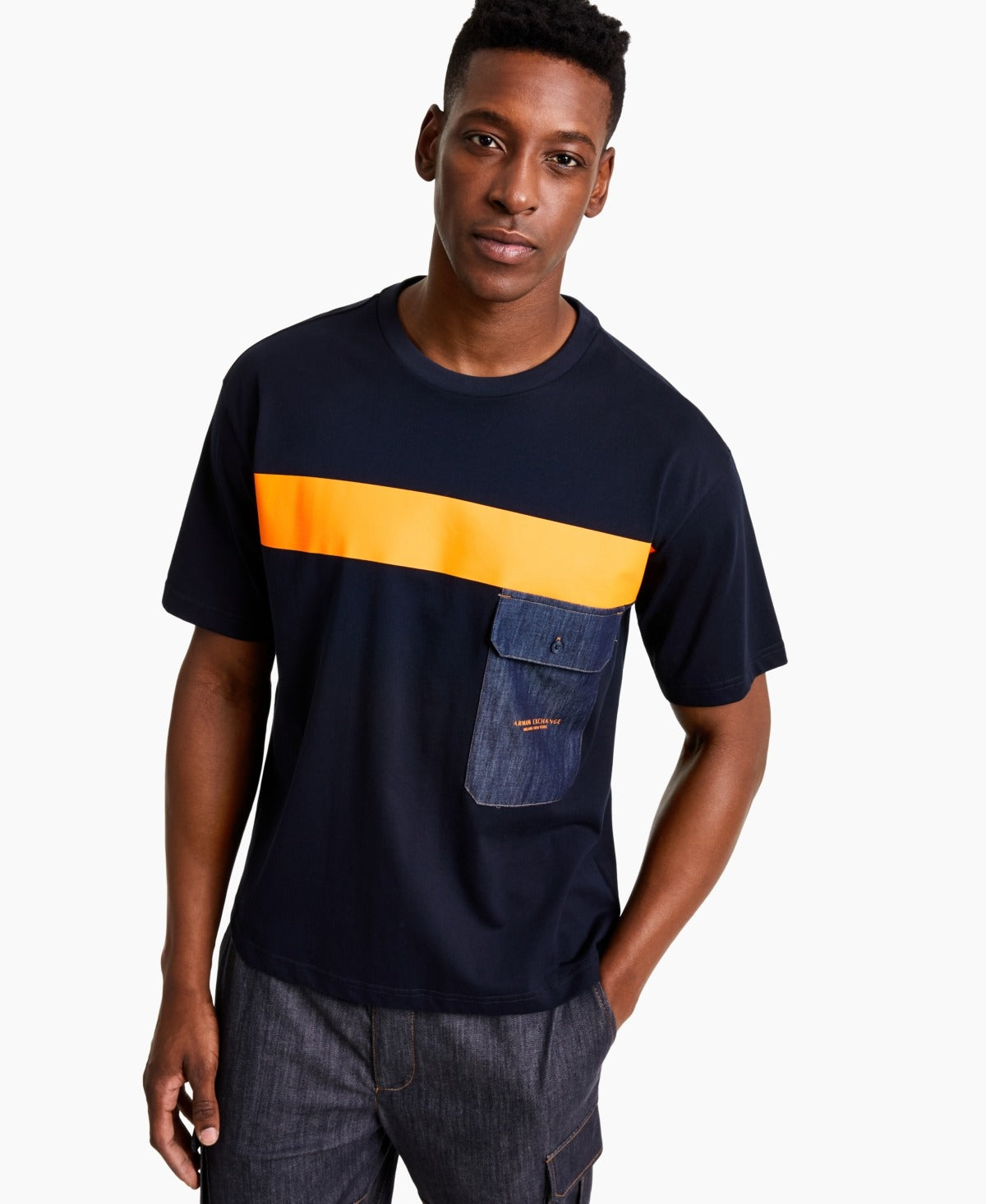 AX Armani Exchange Men's Chest Stripe Pocket T Shirt Large Navy Bleu Orange