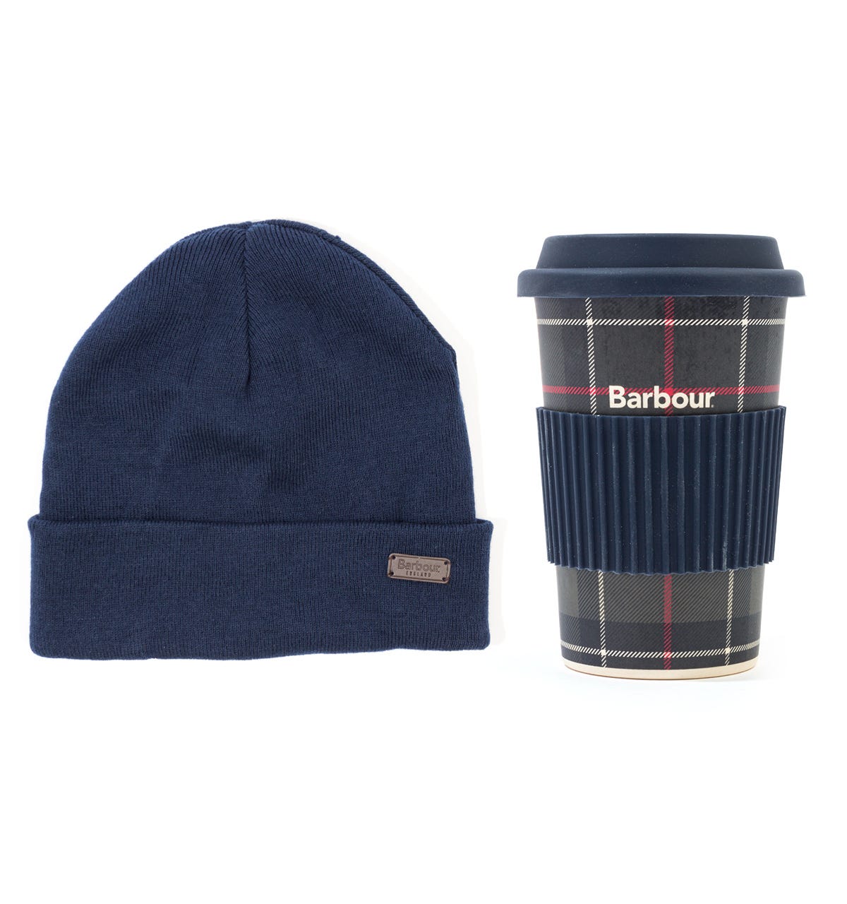 BARBOUR Men's Swinton Beanie & Tartan Travel Mug Gift Set Blue