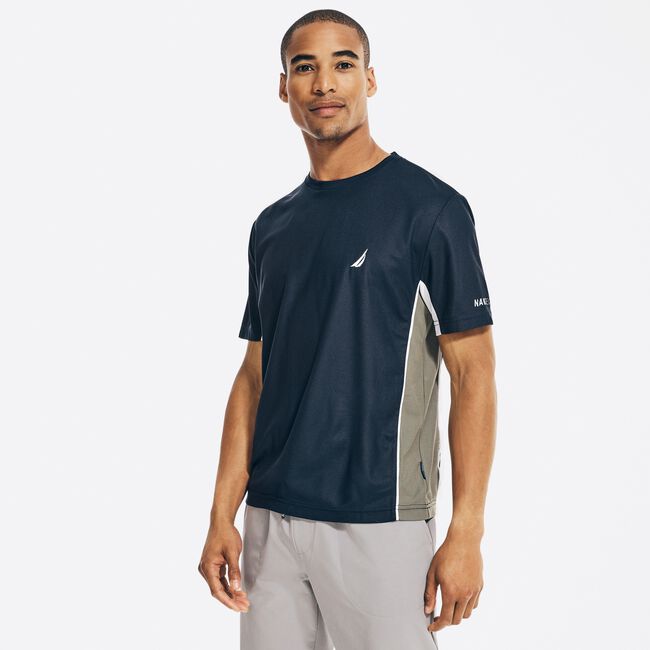 Nautica Mens Navtech Color Block Short Sleeve T Shirt Navy Blue Combo Large