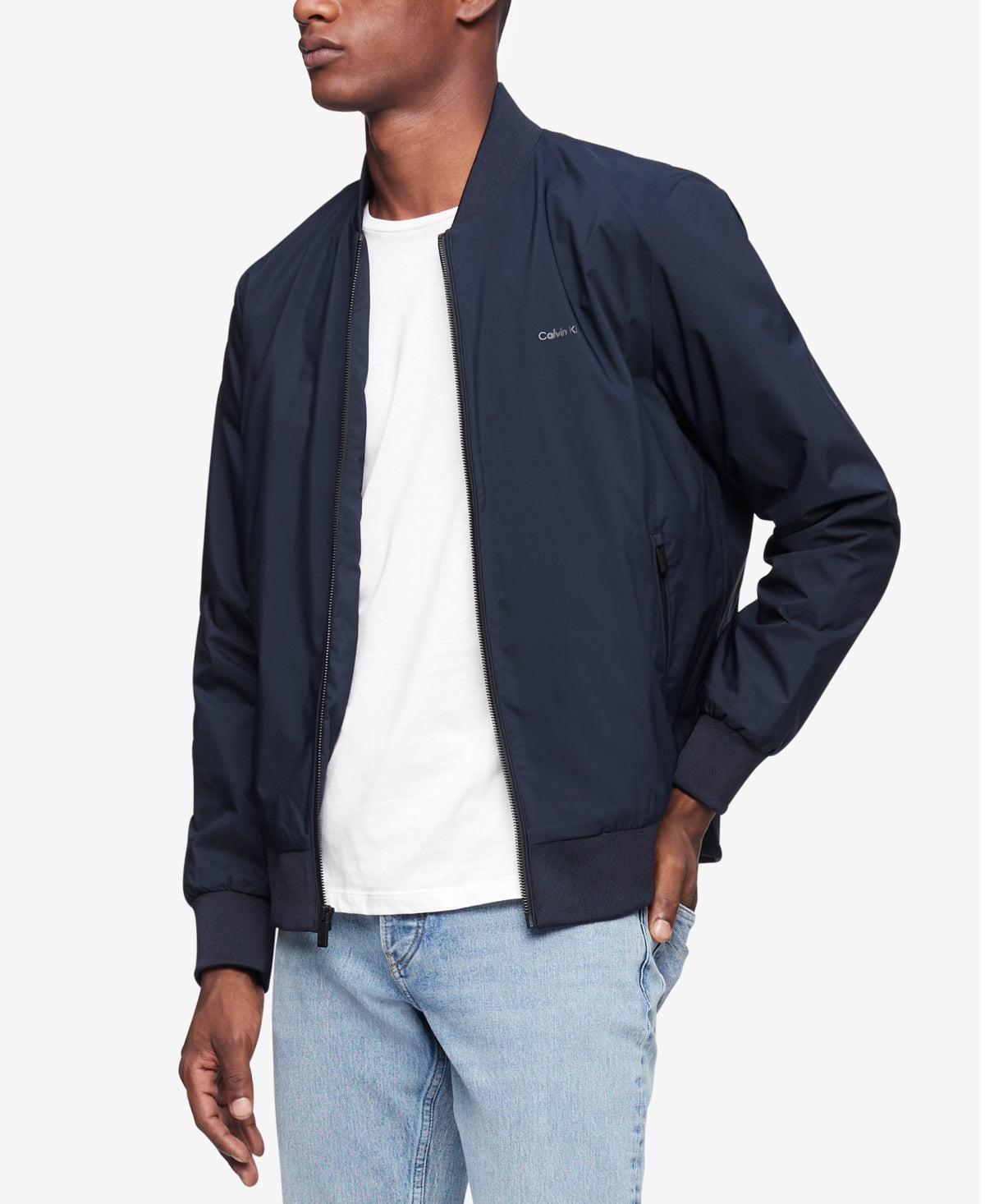 Calvin Klein Men's Logo-Print Bomber Jacket - Sky Captain Blue Medium