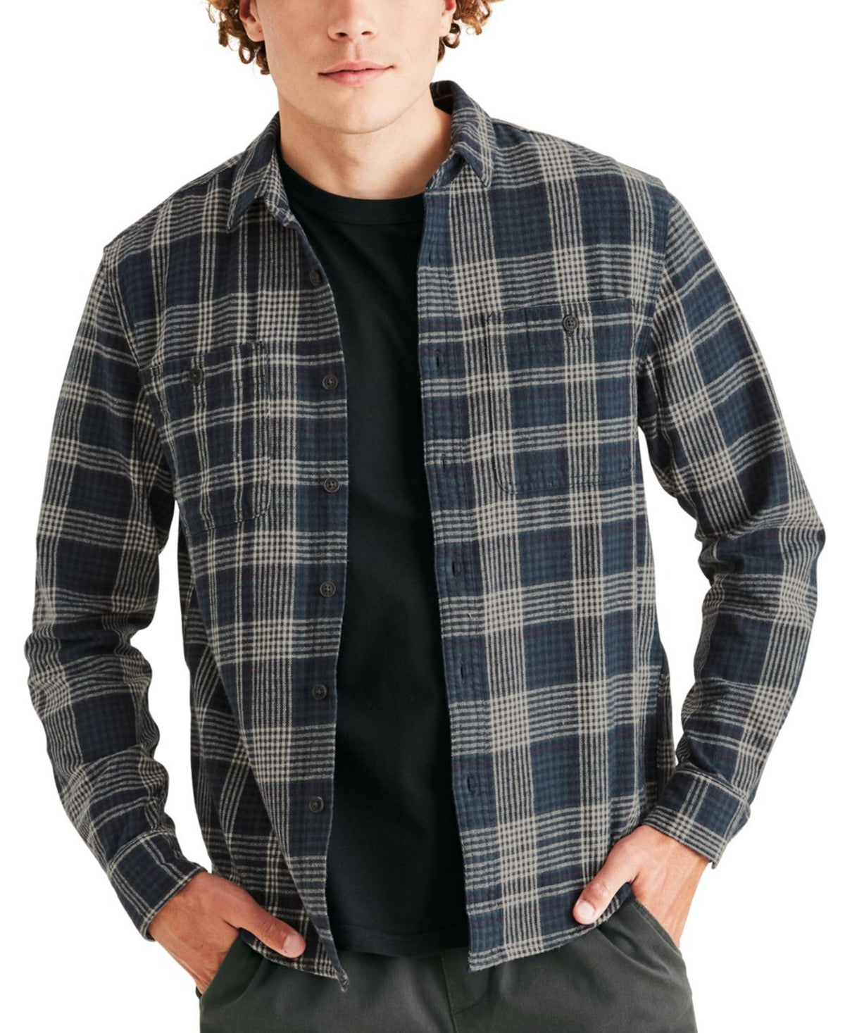 Dockers Men's Plaid Button Down Shirt Ombre Blue Medium