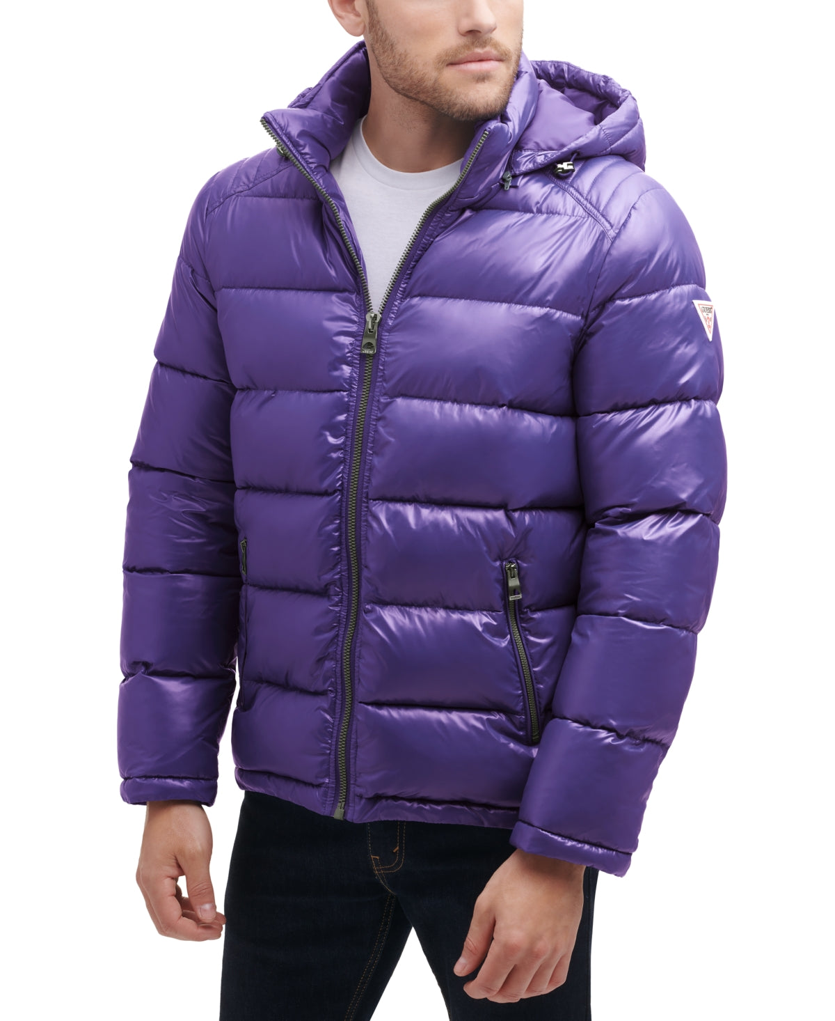GUESS Mens Quilted Hooded Puffer Coat Jacket Purple Medium