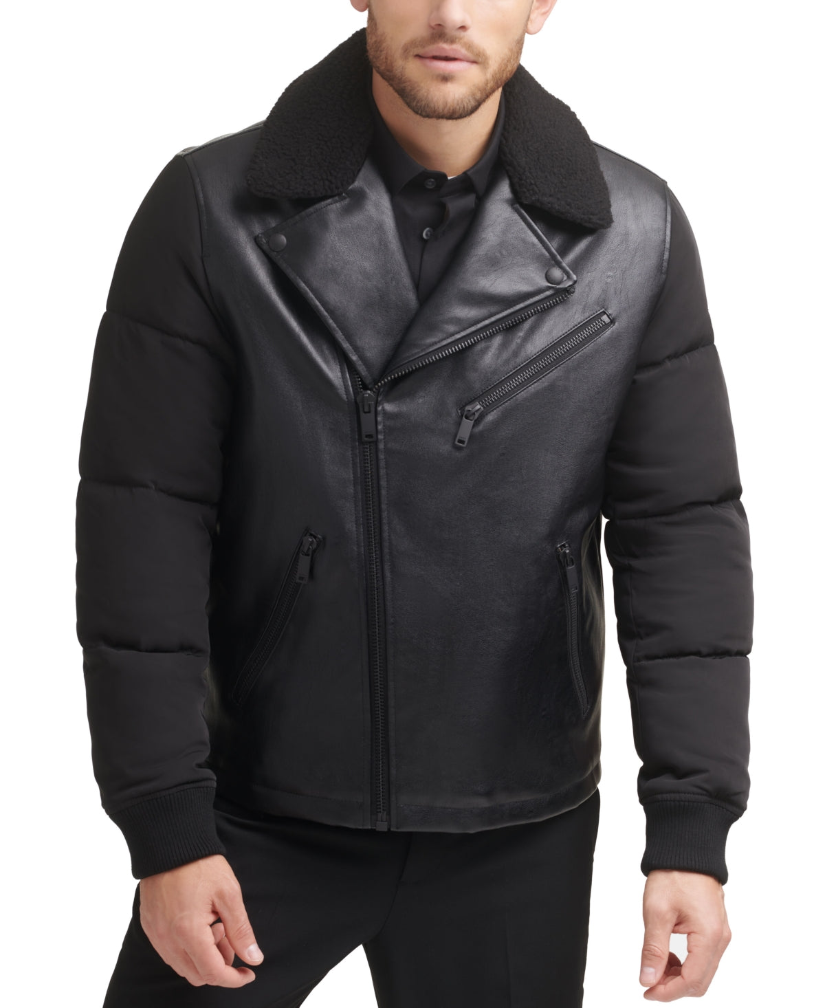 Dkny Men's Mixed Media Motorcycle Jacket  Black Large