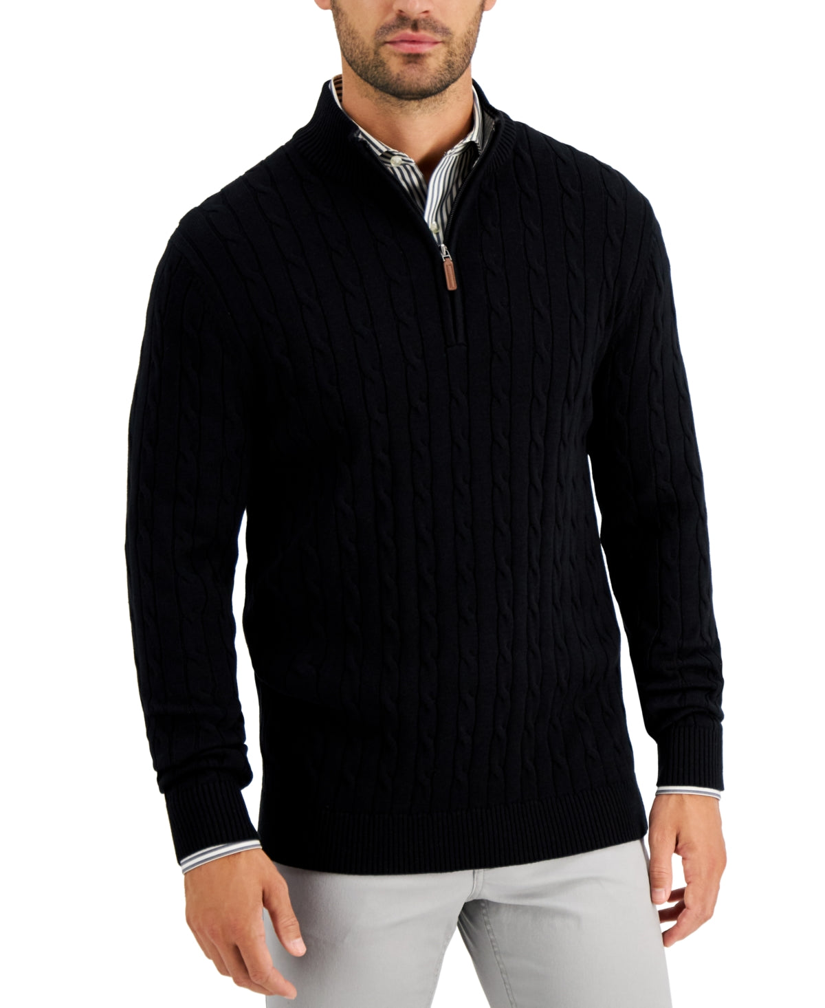 Club Room Mens Cable-Knit Quarter-Zip Sweater Black Large